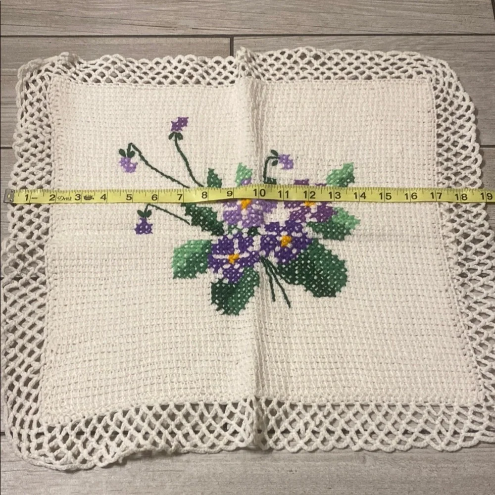 Handmade Cross-Stitch Doily with Purple Flowers Cottagecore Prairie